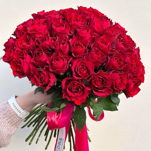 -20%АКЦИЯ💕Букет из 55 красных кенийских роз под ленту/Цветы Уфа/Цветы в Уфе/Доставка цветов Уфа