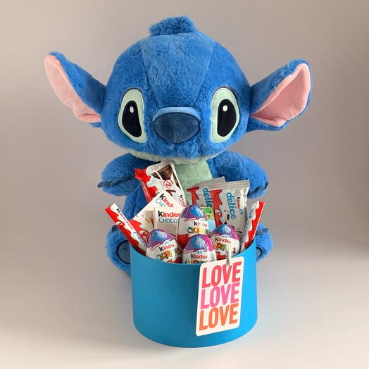 Подарок киндер сюрприз и мягкая игрушка стич, девушке, жене, сестре, подруге, дочке, ребенку