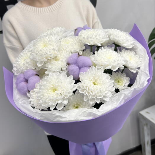 Букет с хризантемой и хлопком💜