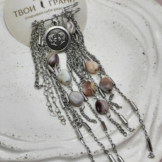 Брошь-булавка "БЛИЗНЕЦЫ" с розовым агатом