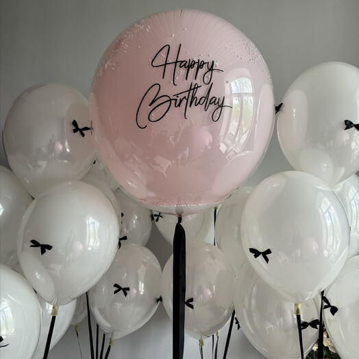 Шар розовый и 20 белых с бантиками на день рождения happy birthday девушке женщине подруге сестре маме