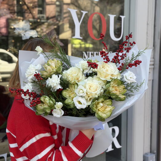 "Nordic Couture" Bouquet (French Roses, Veggie Rose, Illex, Lisianthus, Carnations, Christmas Greenery)