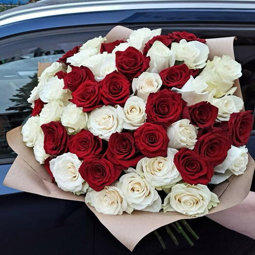 Белые и красные розы Эквадор 51 шт