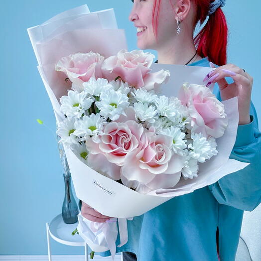 Букет из французских роз и хризантем «Нежное утро» 🌸🤍 38361