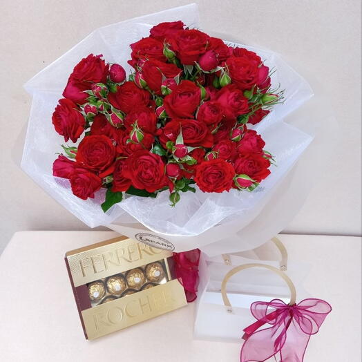 7 red spray roses + Ferrero Rocher