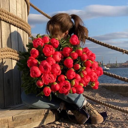 Большой букет коралловых пионов - Пионы Coral Sunset