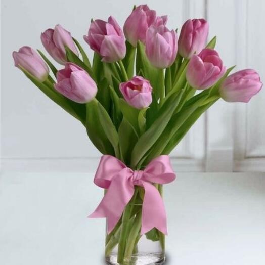 Pink tulip with glass vase