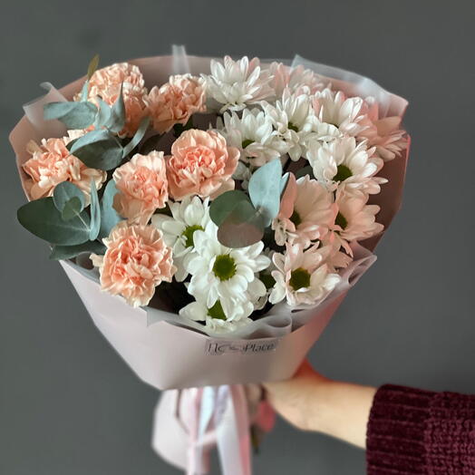 Delicate persistent bouquet with dianthus and bush chrysanthemum