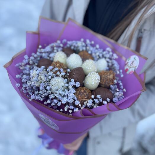 Chocolate-covered strawberry bouquet with gypsophila