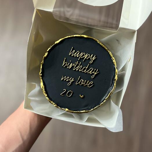 Бенто торт "Happy Birthday" черный с золотой надписью и золотым кантом