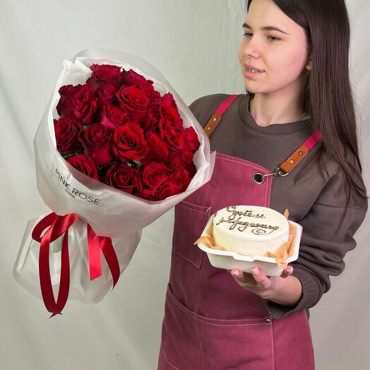 15 красных роз + бенто торт