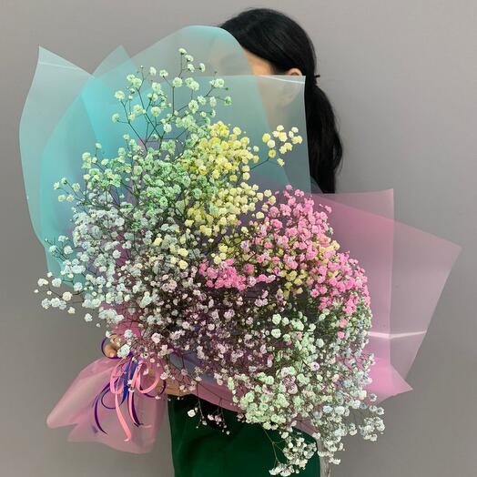 A large bouquet of rainbow airy gypsophila
