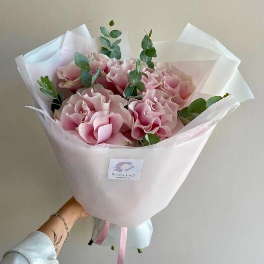French roses with eucalyptus