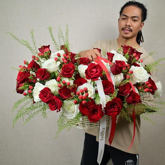 101 Red And White Roses Basket