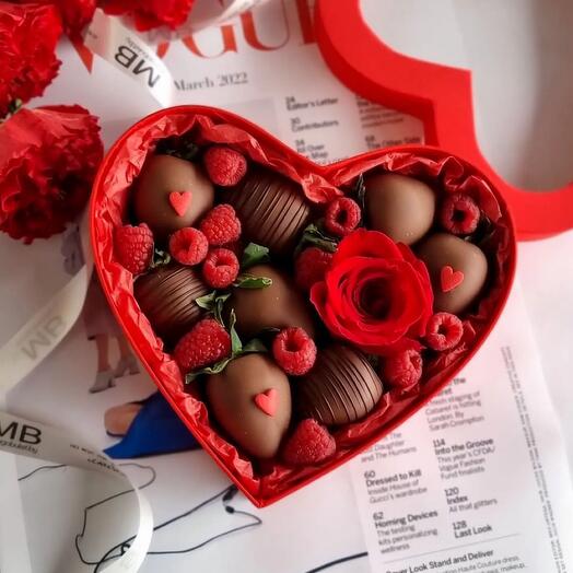 Chocolate-covered strawberry, raspberry and rose composition "In the very heart"