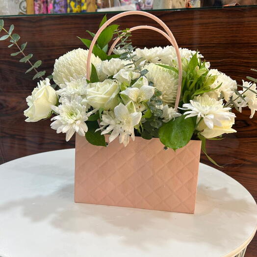 White Flowers in Brown Bag Arrangement