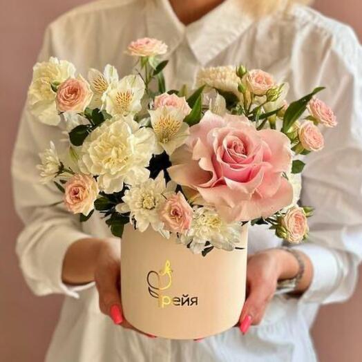 Composition in a box in white and pink