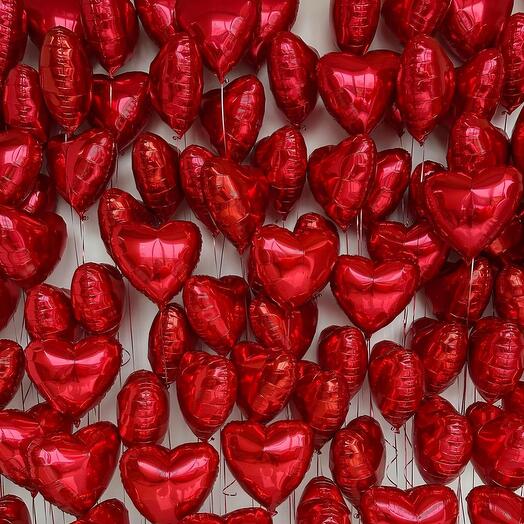 Гелиевые, воздушные, красные, фольгированные сердца для любимой 30 шт