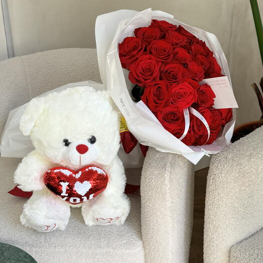 TEDI BEAR WITH 25 RED ROSES