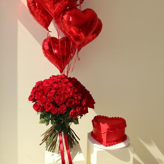 Red roses Set of - 50 red premium roses, cake with red velvet filling and heart shaped balloons