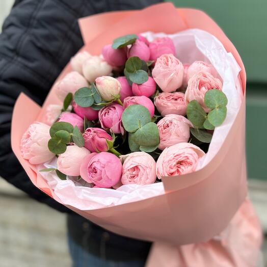 Bouquet of mixed peony roses with eucalyptus (sat 135)