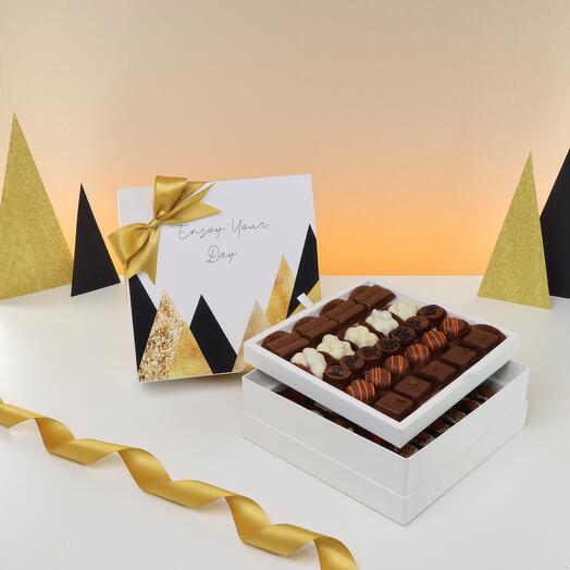 Double Delight – Enjoy Your Day 2-Layer Premium Chocolate Gift Box | Geometric Black   Gold Edition