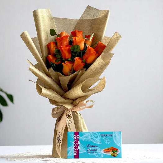 Orange Delight Combo | 11 Orange Roses   Pistachio Kunafa Chocolate – Sweet Floral Gift Set."