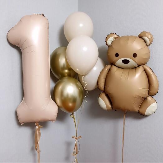 🎈 Набор шаров на 1 годик – в бежево-золотой гамме с мишкой