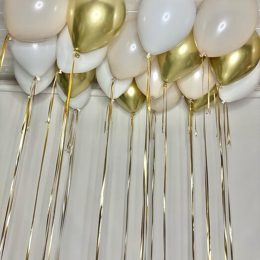 20 шаров под потолок Золото хром, бежевые и белые шары