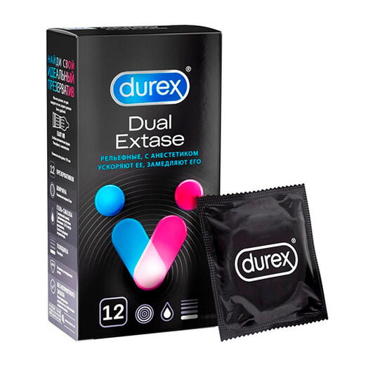 Durex презервативы Dual Extase с анестетиком рельефные, 12 шт