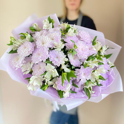 Большой букет альстромерий и лавандовых хризантем💜🌿