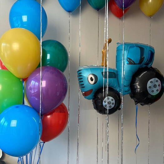 Набор воздушных шаров Синий Трактор фонтан и шары под потолок