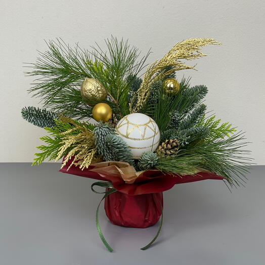 Зимняя композиция из нобилиса, сосны и золотой туи