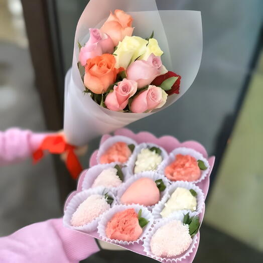 Комбо набор "Весенний" Клубника в шоколаде и розы микс 9 штук