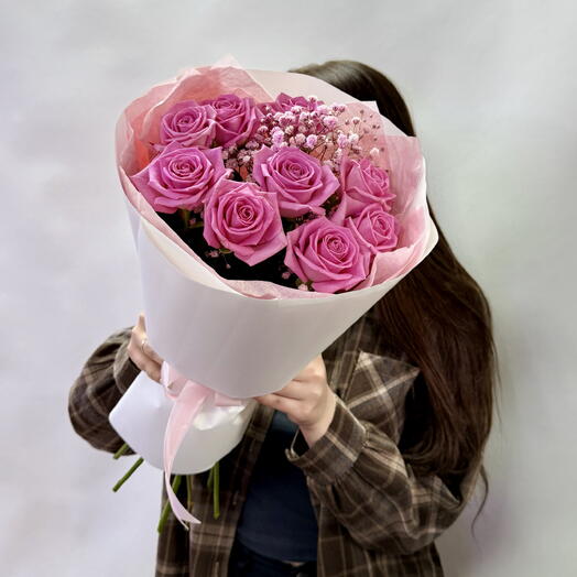 Букет «Розовые розы» с гипсофилой 💕