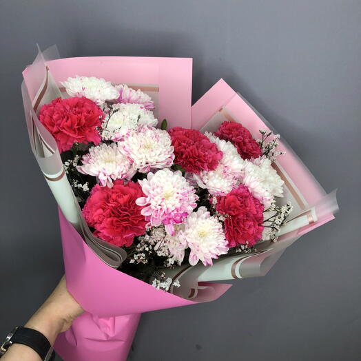 Букет малиновых диантусов с кустовыми хриантемами🩷🌸🌺