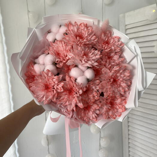 Авторский букет с хризантемой,хлопком и лагурусом 🌸