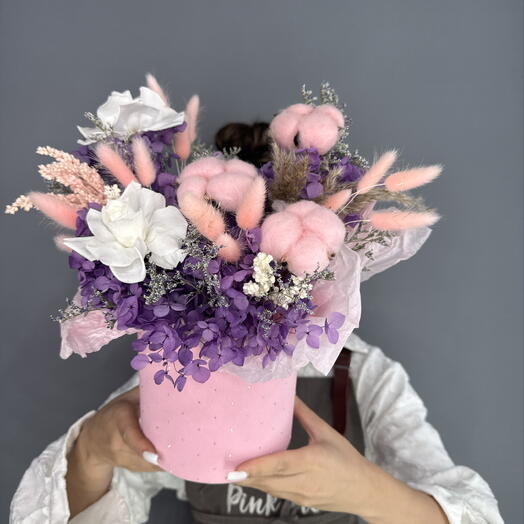 Композиция из сухоцветов💐 Стабилизированная белая Гортензия и Француская Роза зелёная