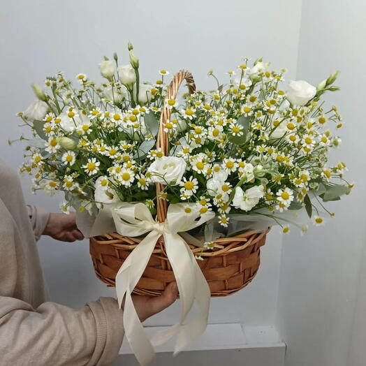 Композиция в корзине ромашка кустовая,  маттиола,  эустома, эвкалипт