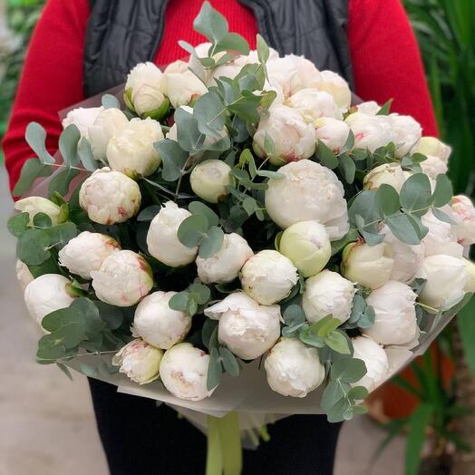 Ramo elegante 💐 peonías blancas 51 piezas con eucalipto