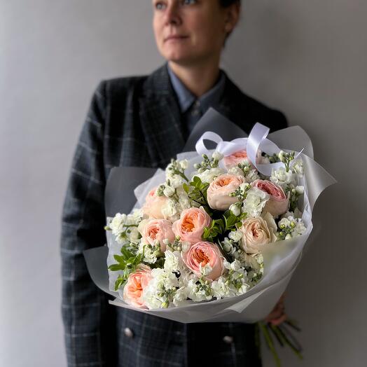 Bouquet of delicate peony-shaped rose Juliet and fragrant mattiola