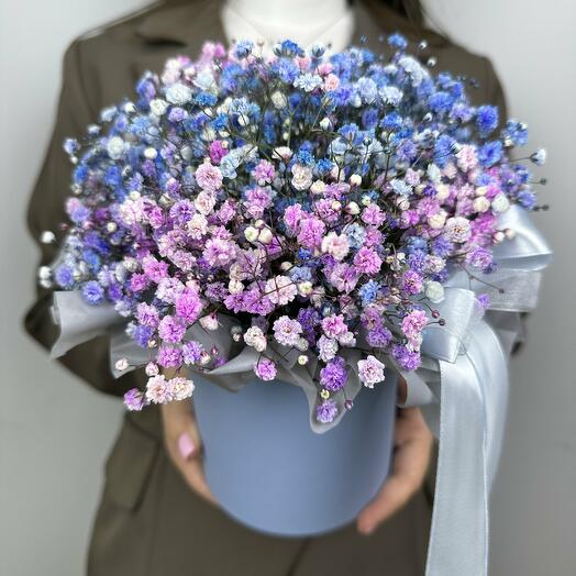 Hatbox with rainbow gypsophila