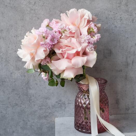 Delicate bridal bouquet of French Pink Mondial roses and fragrant mattiola