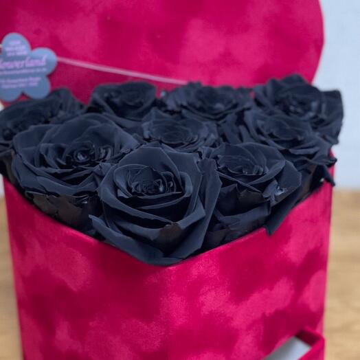 Forever black roses in a red heart box