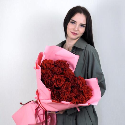 A bright bouquet of 15 tall French red roses (Premium roses Ecuador, 60 cm)
