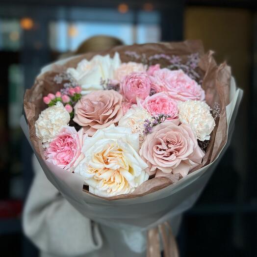 Bouquet of peony-shaped, fragrant roses, delicate dianthus and lemonium "Zephyr"