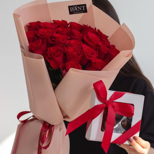 23 красные розы+ клубника в шоколаде 9шт