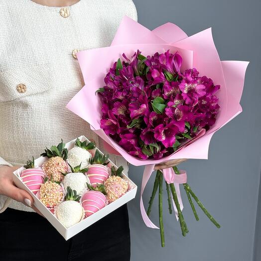 Bouquet of purple alstroemeria and a set of chocolate-covered strawberries 9 pcs.