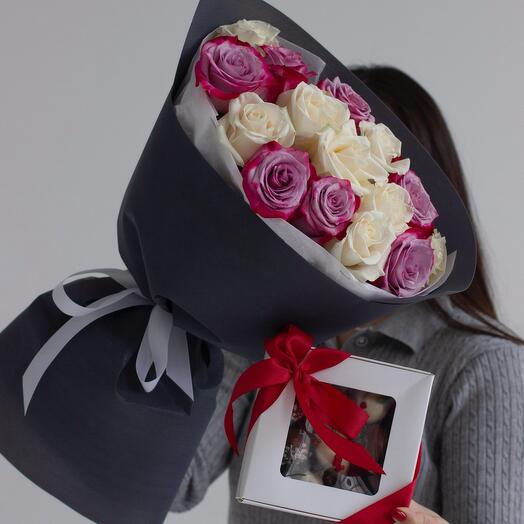 15 роз 40см+ 9шт клубники в шоколаде