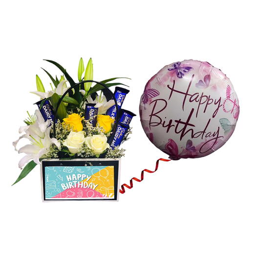 Birthday Bag Of Flowers With Foil Balloons